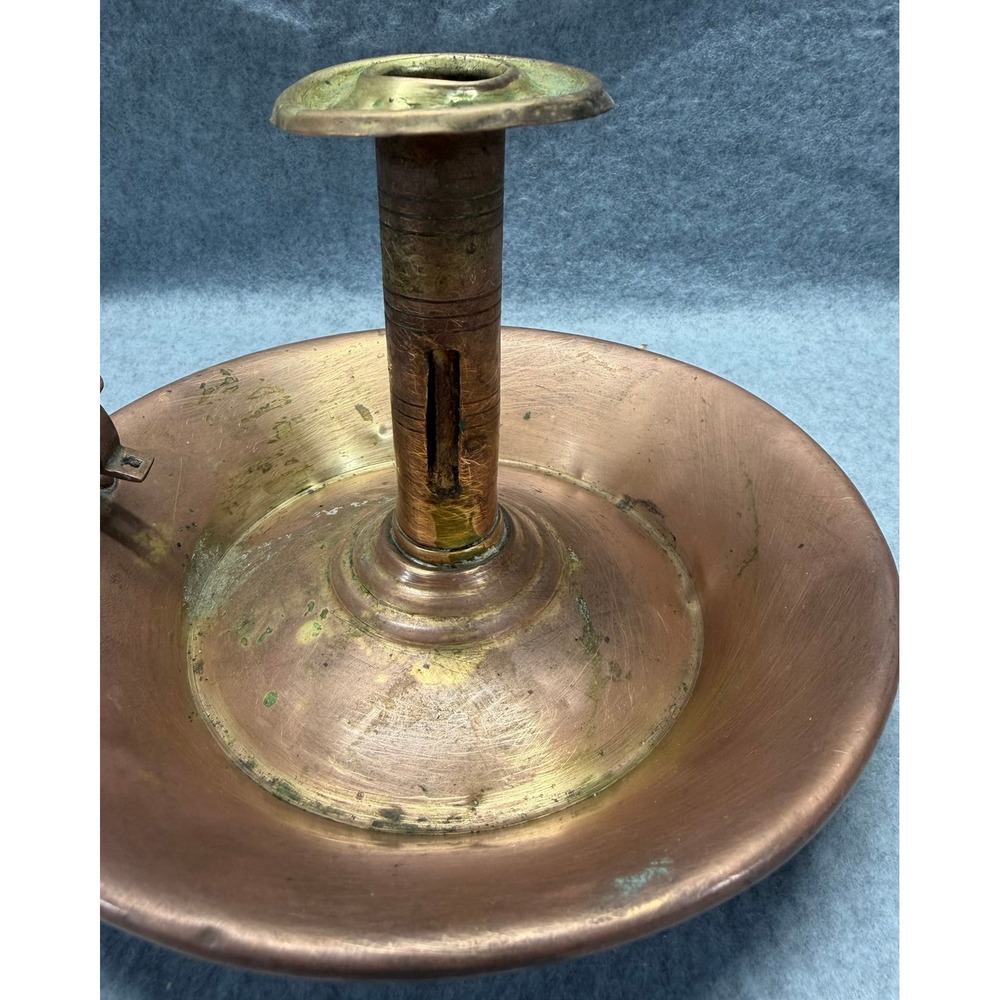 Antique Copper Chamberstick Candle Holder with Push Up Mechanism and Finger Loop - Picture 7 of 13